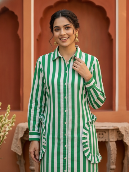 Green & White Striped Cotton Blend Straight Kurta with Shirt Collar & Side Tie-Up