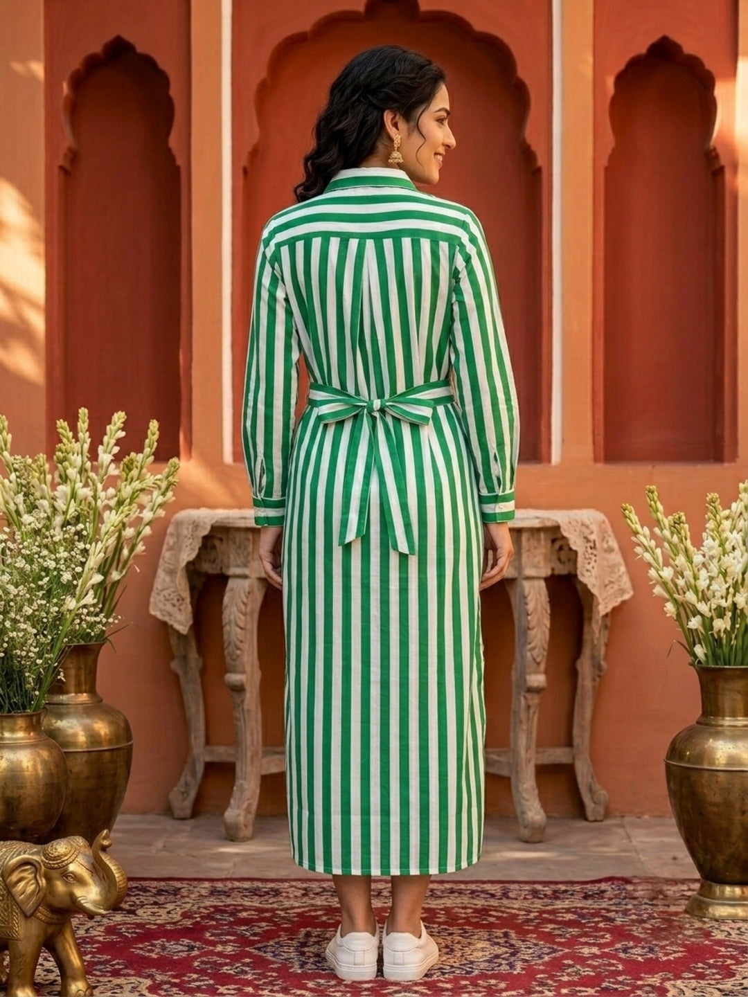 Green & White Striped Cotton Blend Straight Kurta with Shirt Collar & Side Tie-Up