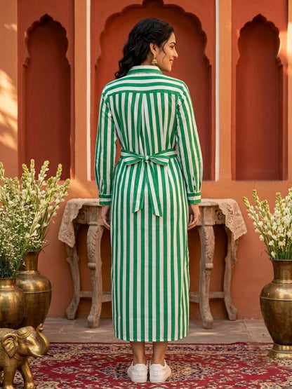 Green & White Striped Cotton Blend Straight Kurta with Shirt Collar & Side Tie-Up