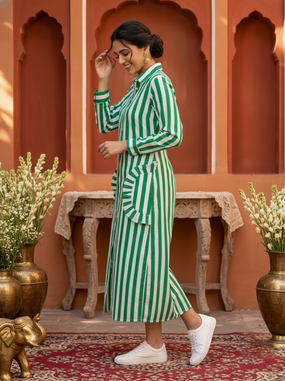 Green & White Striped Cotton Blend Straight Kurta with Shirt Collar & Side Tie-Up