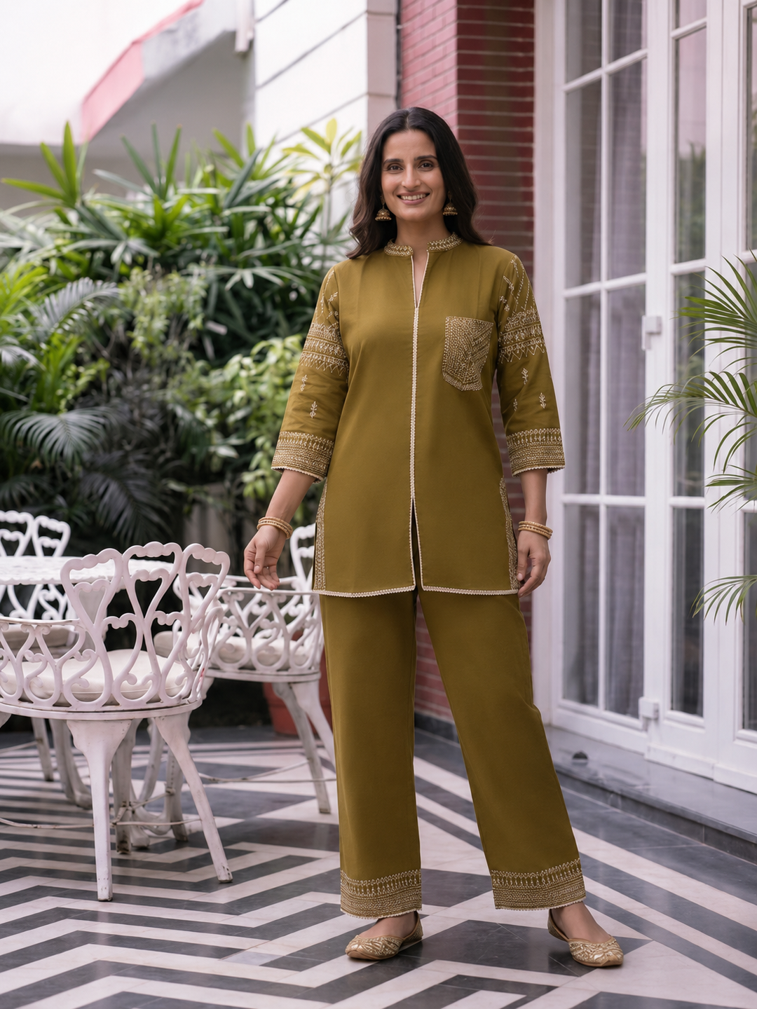 Mehendi Green Solid Cotton Straight Kurta Co-ord Set with Ethnic Embroidery, Mandarin Collar & Crochet Lace Pant
