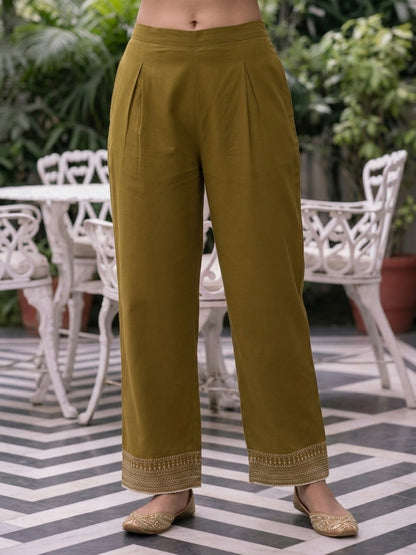 Mehendi Green Solid Cotton Straight Kurta Co-ord Set with Ethnic Embroidery, Mandarin Collar & Crochet Lace Pant
