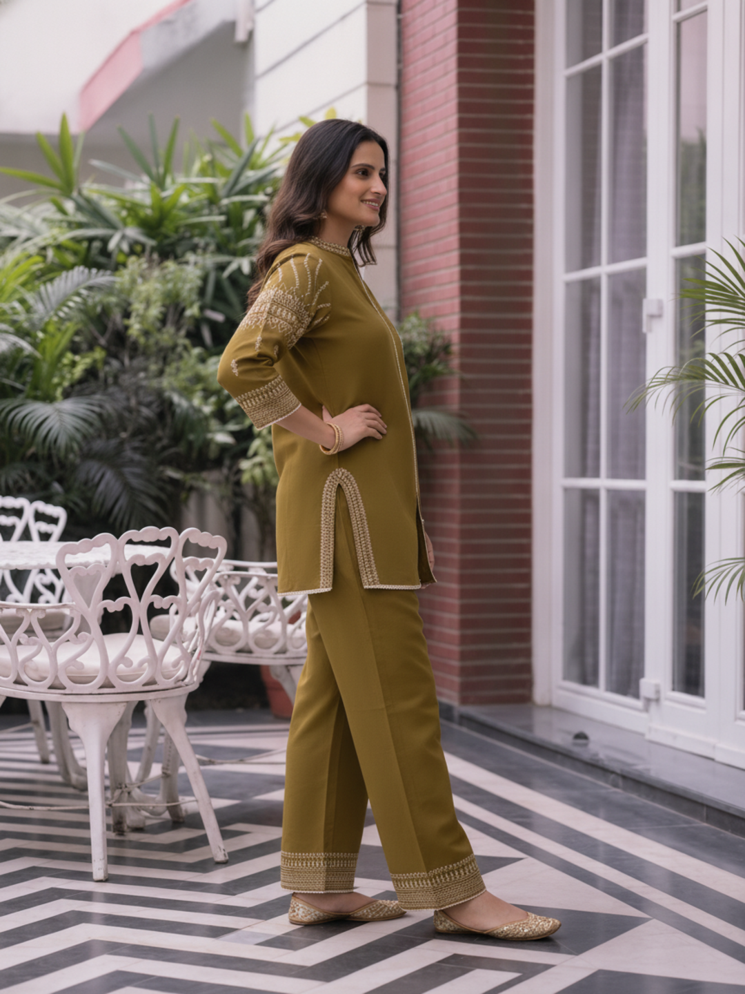 Mehendi Green Solid Cotton Straight Kurta Co-ord Set with Ethnic Embroidery, Mandarin Collar & Crochet Lace Pant