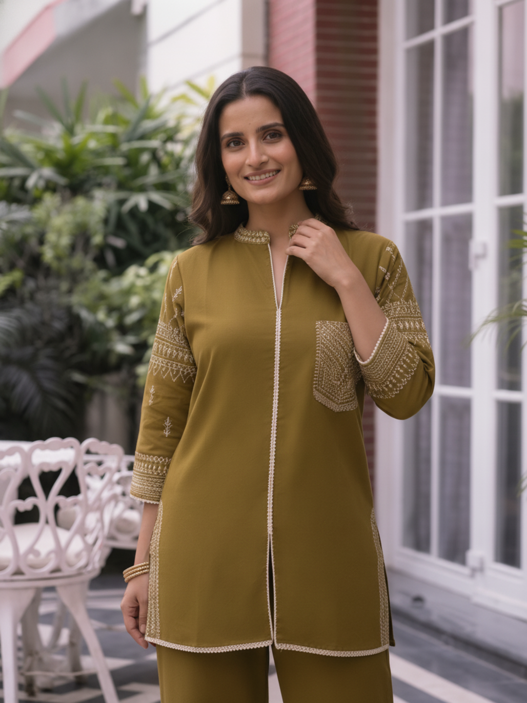 Mehendi Green Solid Cotton Straight Kurta Co-ord Set with Ethnic Embroidery, Mandarin Collar & Crochet Lace Pant