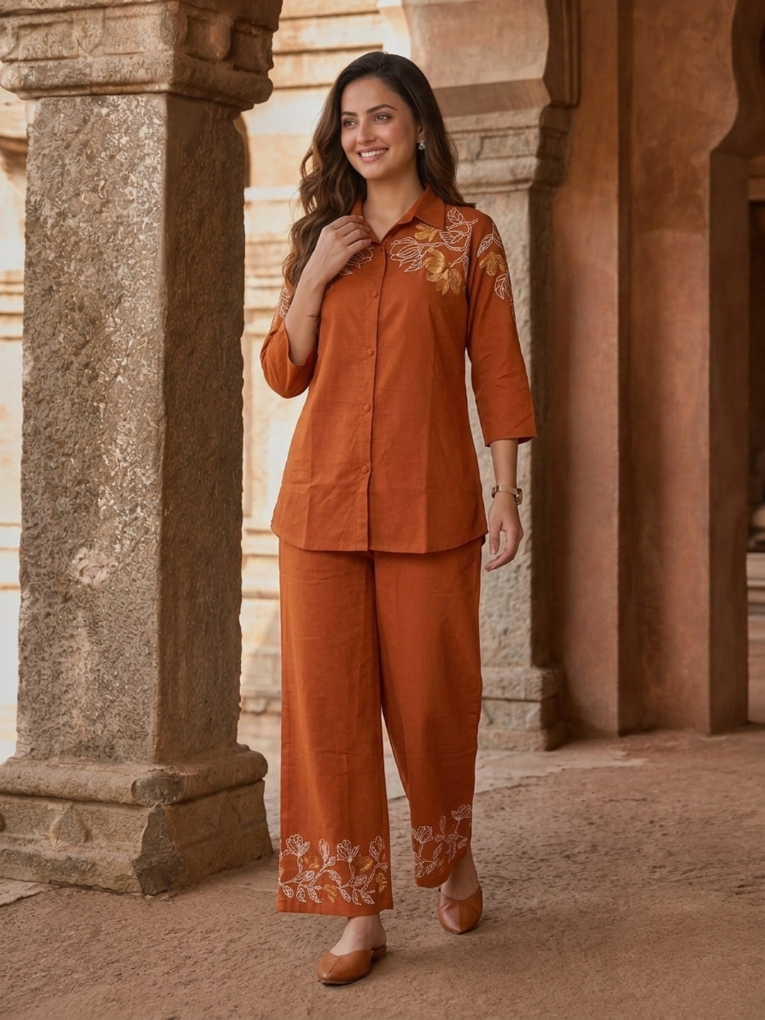 Rust Solid Cotton Straight Kurta Co-ord Set with Floral Thread Embroidery, Shirt Collar & Flared Palazzo