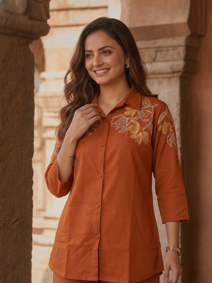 Rust Solid Cotton Straight Kurta Co-ord Set with Floral Thread Embroidery, Shirt Collar & Flared Palazzo