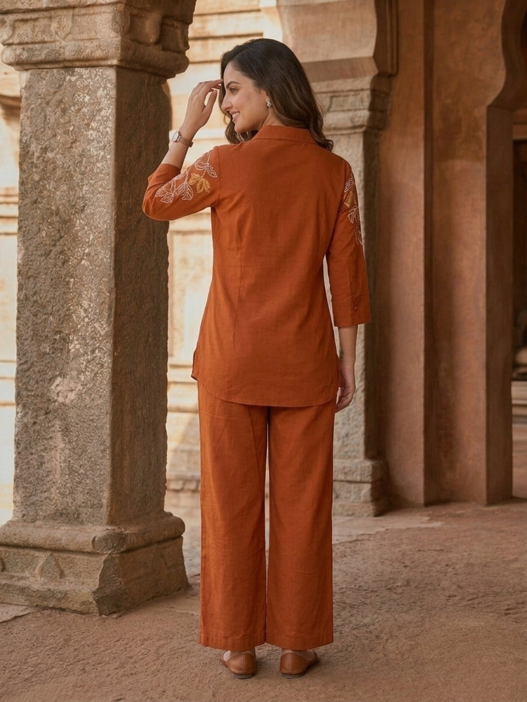 Rust Solid Cotton Straight Kurta Co-ord Set with Floral Thread Embroidery, Shirt Collar & Flared Palazzo