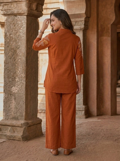 Rust Solid Cotton Straight Kurta Co-ord Set with Floral Thread Embroidery, Shirt Collar & Flared Palazzo