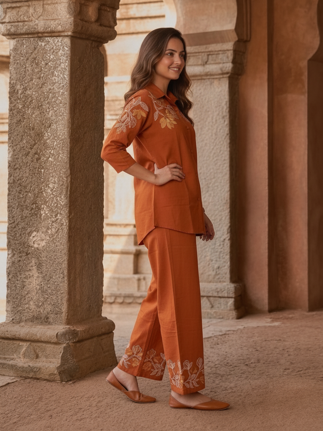 Rust Solid Cotton Straight Kurta Co-ord Set with Floral Thread Embroidery, Shirt Collar & Flared Palazzo
