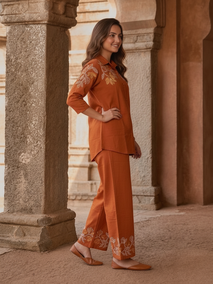 Rust Solid Cotton Straight Kurta Co-ord Set with Floral Thread Embroidery, Shirt Collar & Flared Palazzo