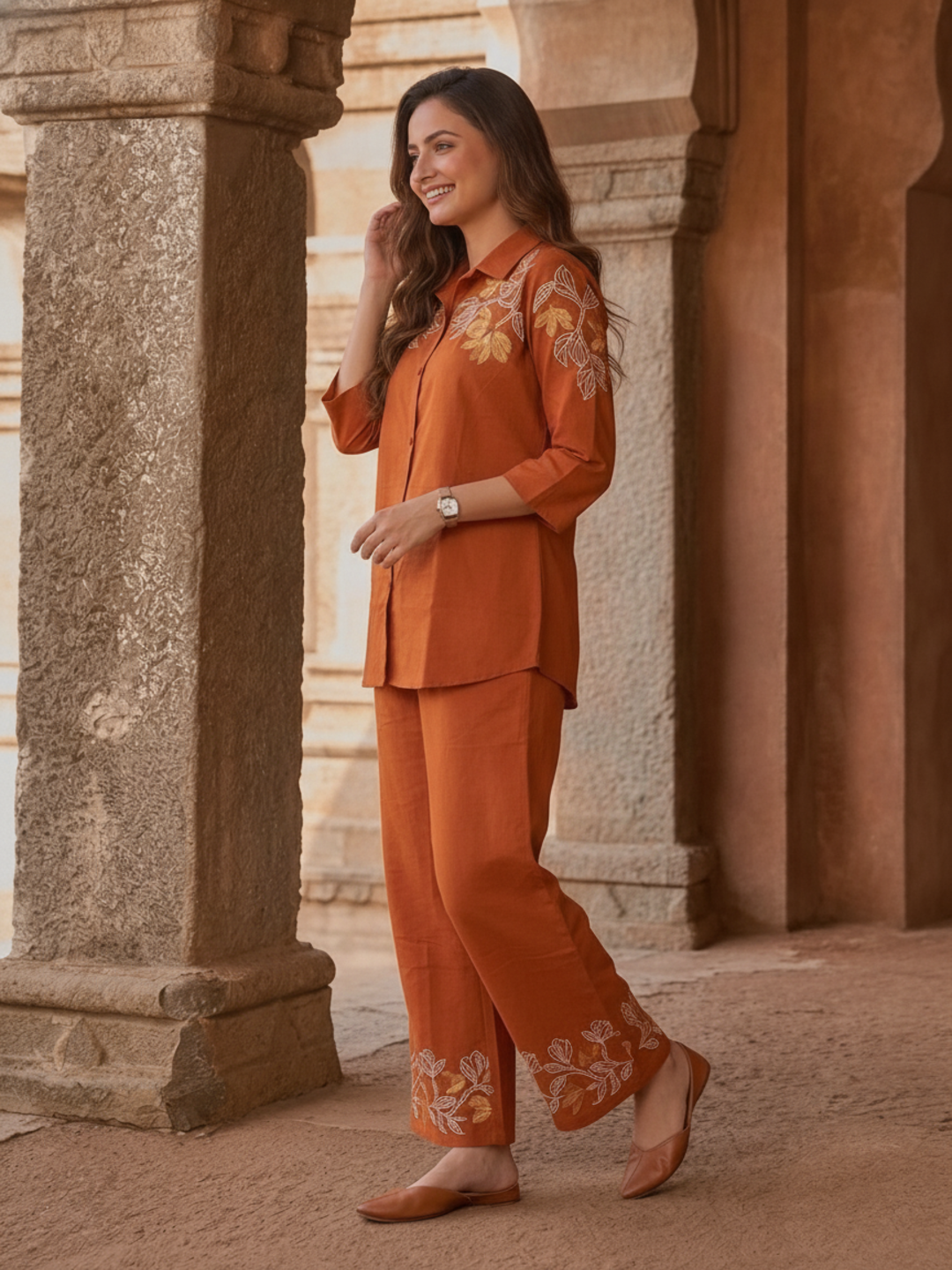 Rust Solid Cotton Straight Kurta Co-ord Set with Floral Thread Embroidery, Shirt Collar & Flared Palazzo