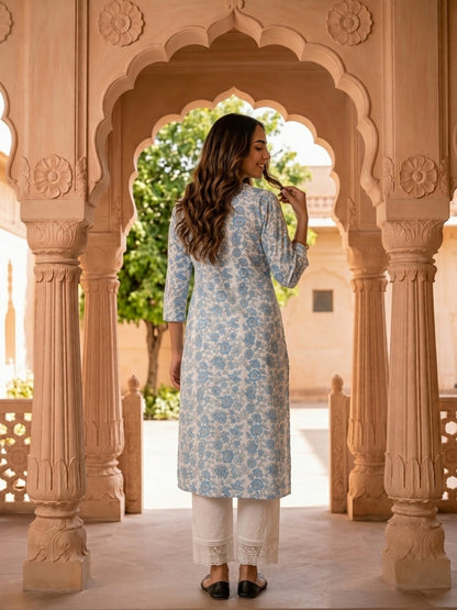 Blue Floral Print Cotton Straight Kurta Set with Mandarin Collar & White Palazzo