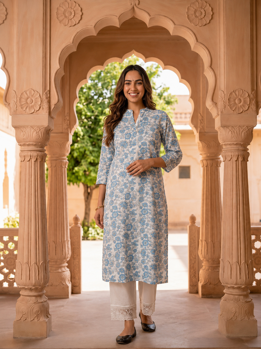 Blue Floral Print Cotton Straight Kurta Set with Mandarin Collar & White Palazzo
