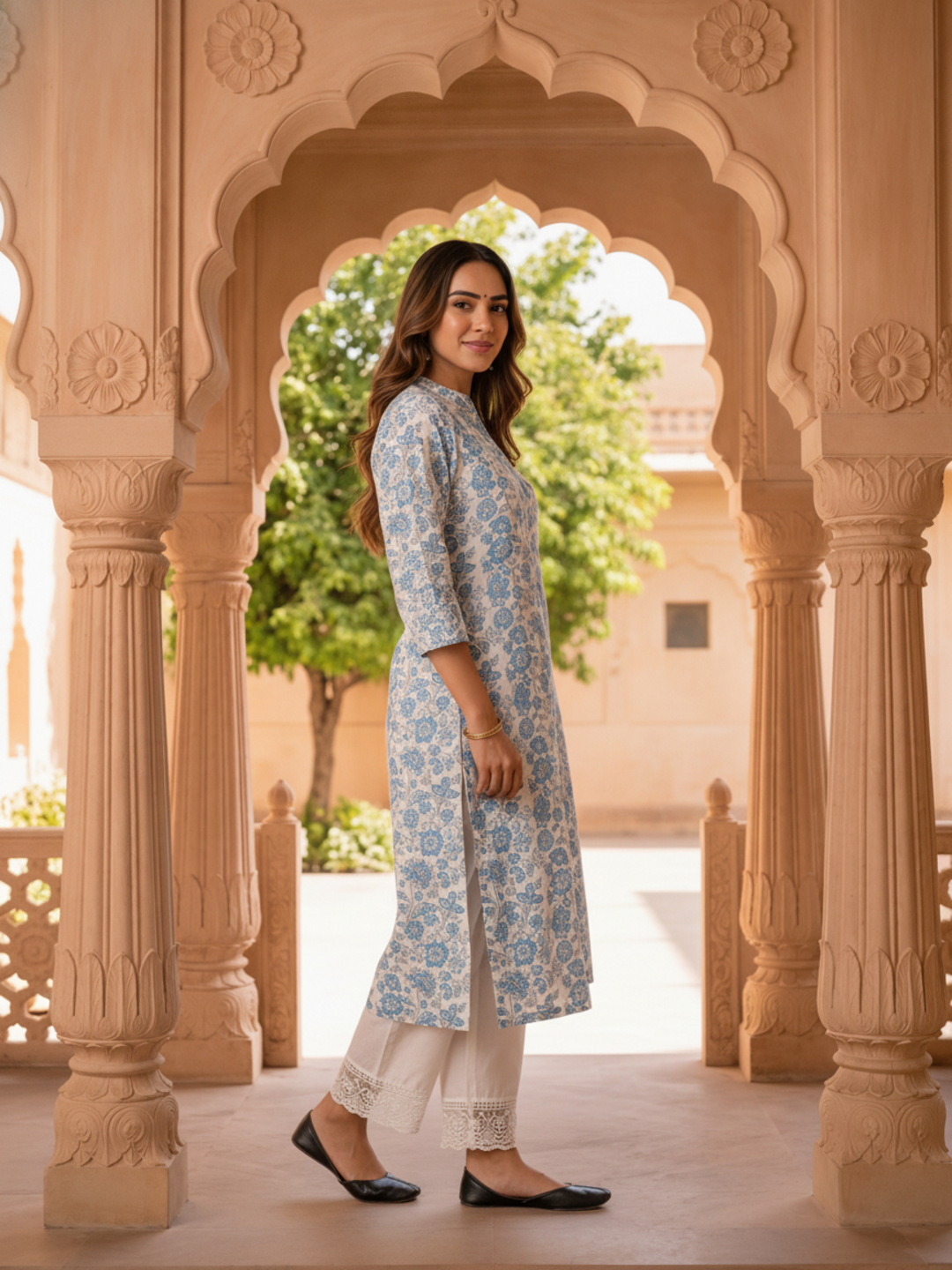 Blue Floral Print Cotton Straight Kurta Set with Mandarin Collar & White Palazzo