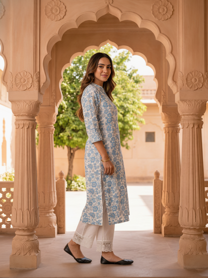 Blue Floral Print Cotton Straight Kurta Set with Mandarin Collar & White Palazzo