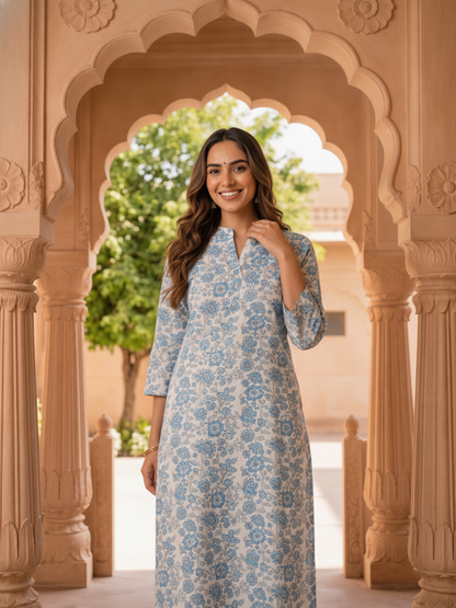 Blue Floral Print Cotton Straight Kurta Set with Mandarin Collar & White Palazzo