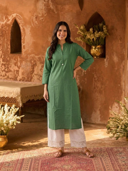 Green Solid Cotton Straight Kurta Set with Mandarin Collar & White Palazzo
