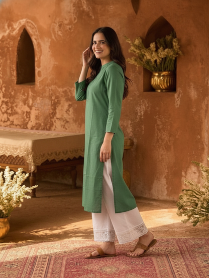 Green Solid Cotton Straight Kurta Set with Mandarin Collar & White Palazzo