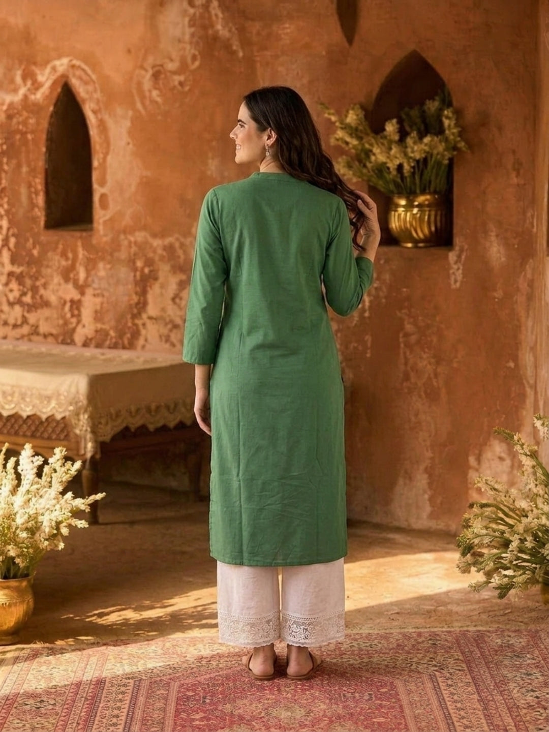 Green Solid Cotton Straight Kurta Set with Mandarin Collar & White Palazzo