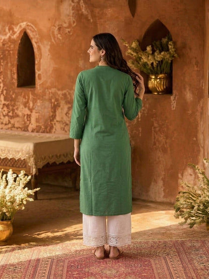 Green Solid Cotton Straight Kurta Set with Mandarin Collar & White Palazzo