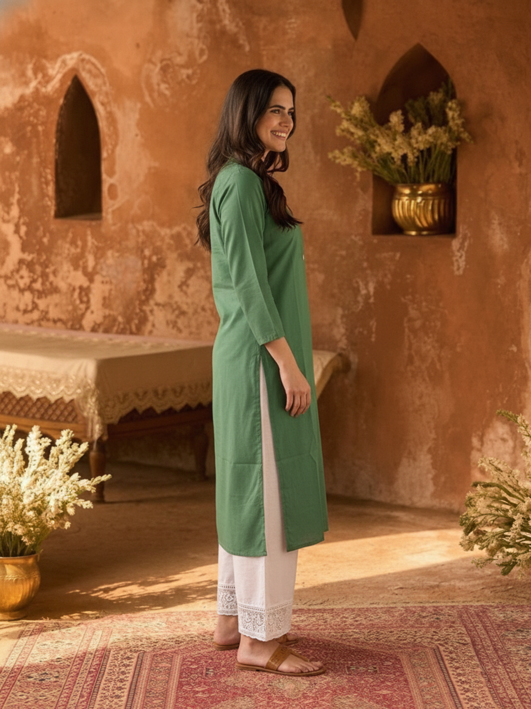 Green Solid Cotton Straight Kurta Set with Mandarin Collar & White Palazzo
