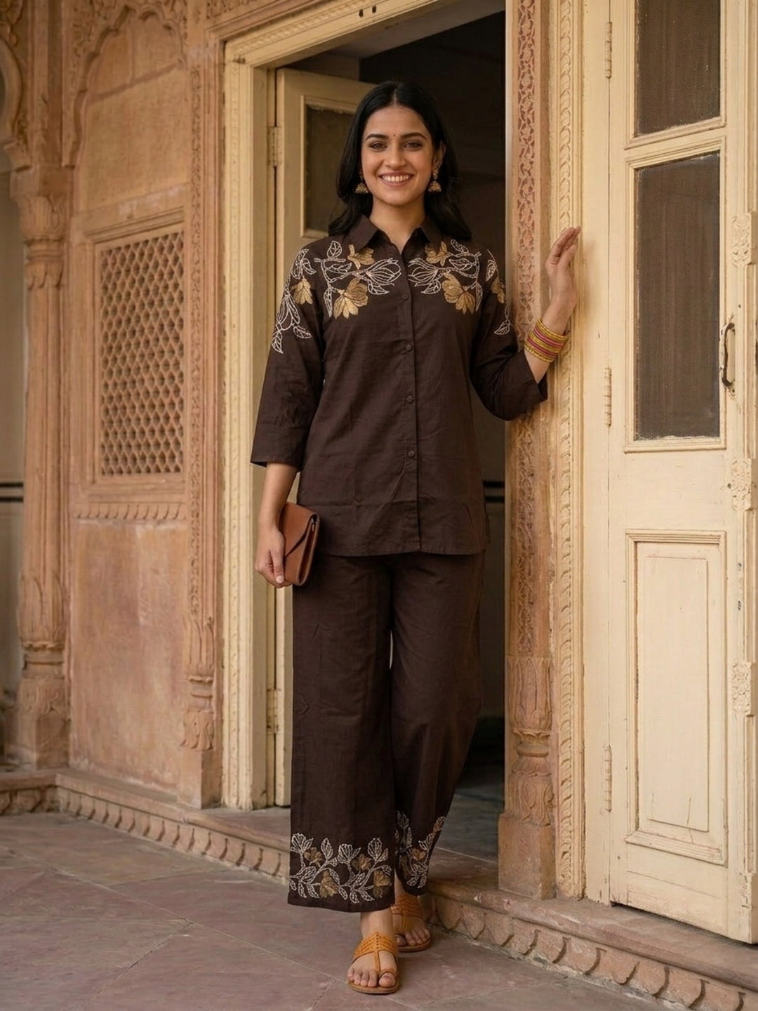 Coffee Brown Solid Cotton Straight Kurta Co-ord Set with Floral Embroidery, Shirt Collar & Palazzo