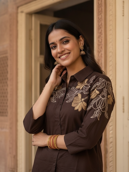 Coffee Brown Solid Cotton Straight Kurta Co-ord Set with Floral Embroidery, Shirt Collar & Palazzo