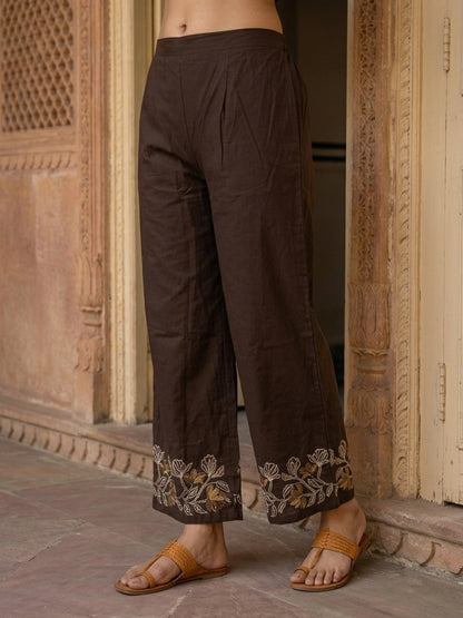 Coffee Brown Solid Cotton Straight Kurta Co-ord Set with Floral Embroidery, Shirt Collar & Palazzo