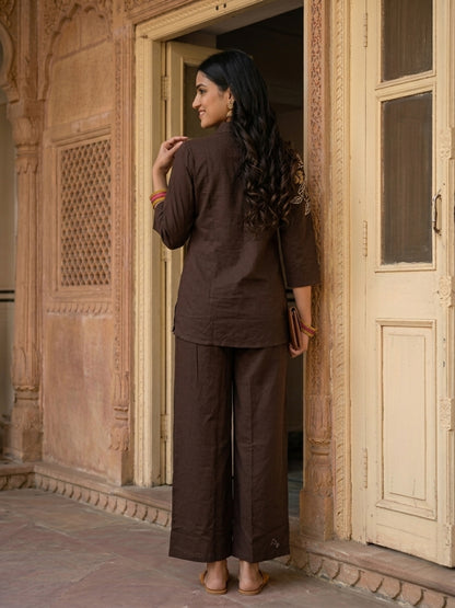 Coffee Brown Solid Cotton Straight Kurta Co-ord Set with Floral Embroidery, Shirt Collar & Palazzo