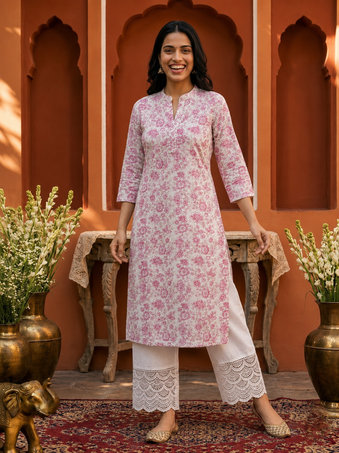 Pink Floral & Ethnic Print Cotton Straight Kurta Set with Mandarin Collar & White Palazzo