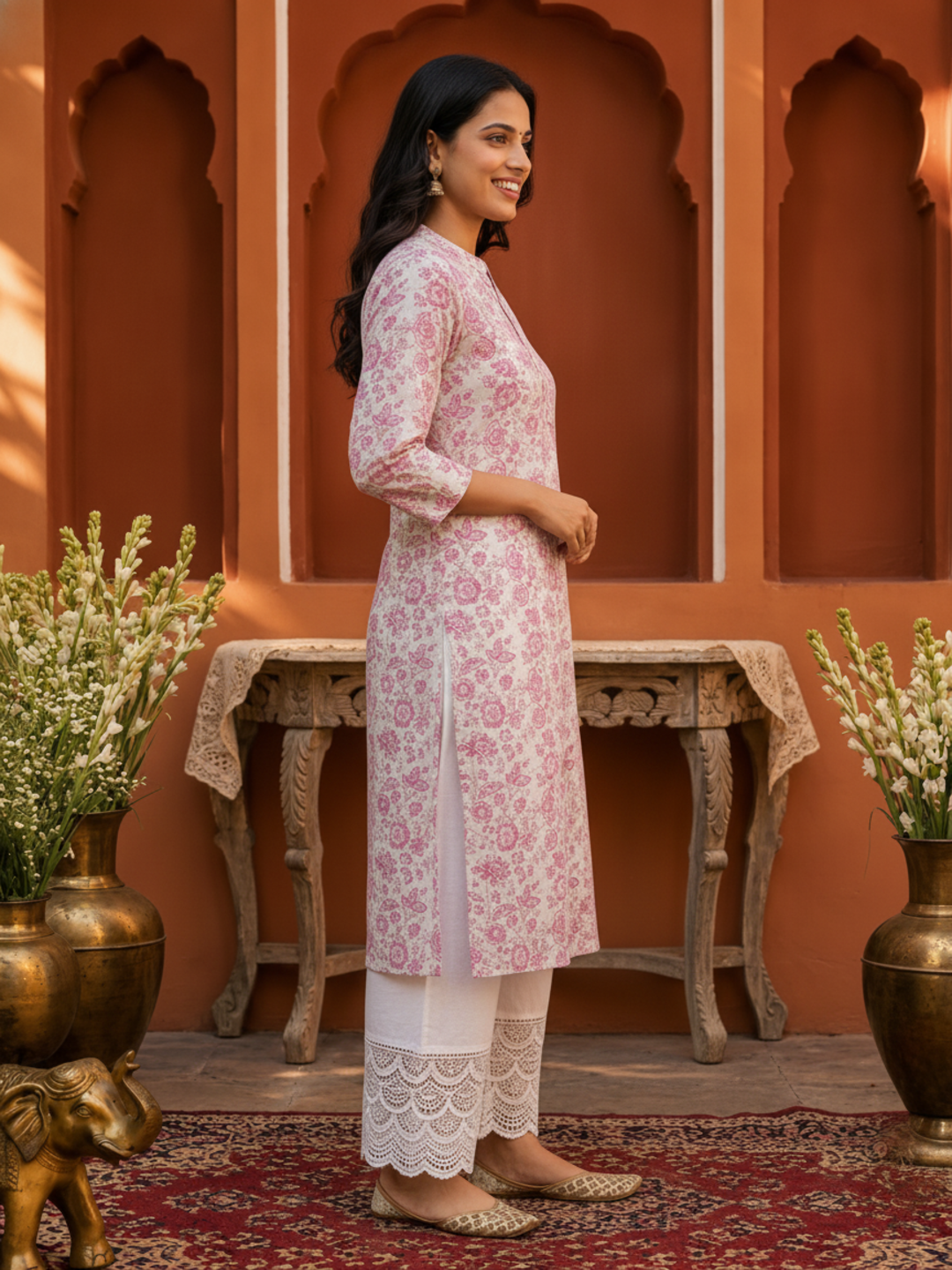 Pink Floral & Ethnic Print Cotton Straight Kurta Set with Mandarin Collar & White Palazzo