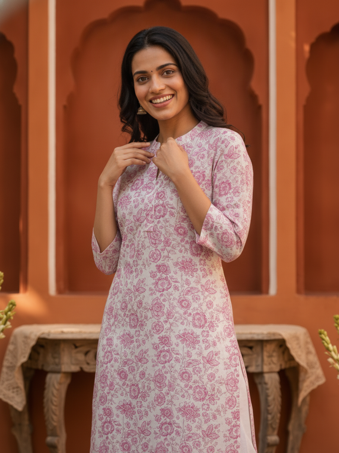Pink Floral & Ethnic Print Cotton Straight Kurta Set with Mandarin Collar & White Palazzo
