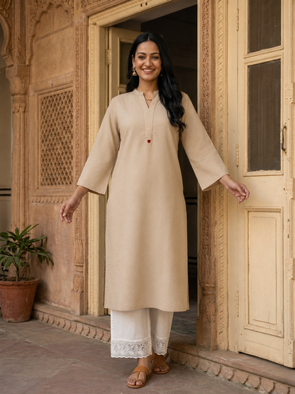 Beige Solid Cotton Straight Kurta Set with Mandarin Collar & White Palazzo