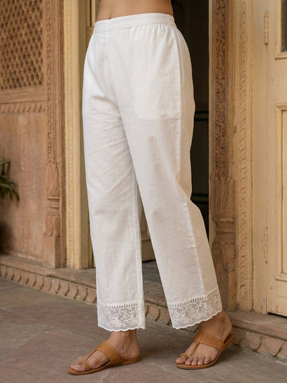 Beige Solid Cotton Straight Kurta Set with Mandarin Collar & White Palazzo