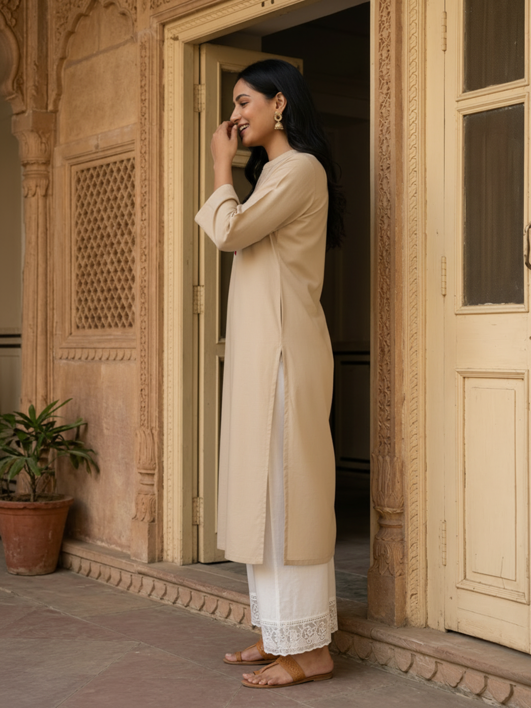 Beige Solid Cotton Straight Kurta Set with Mandarin Collar & White Palazzo