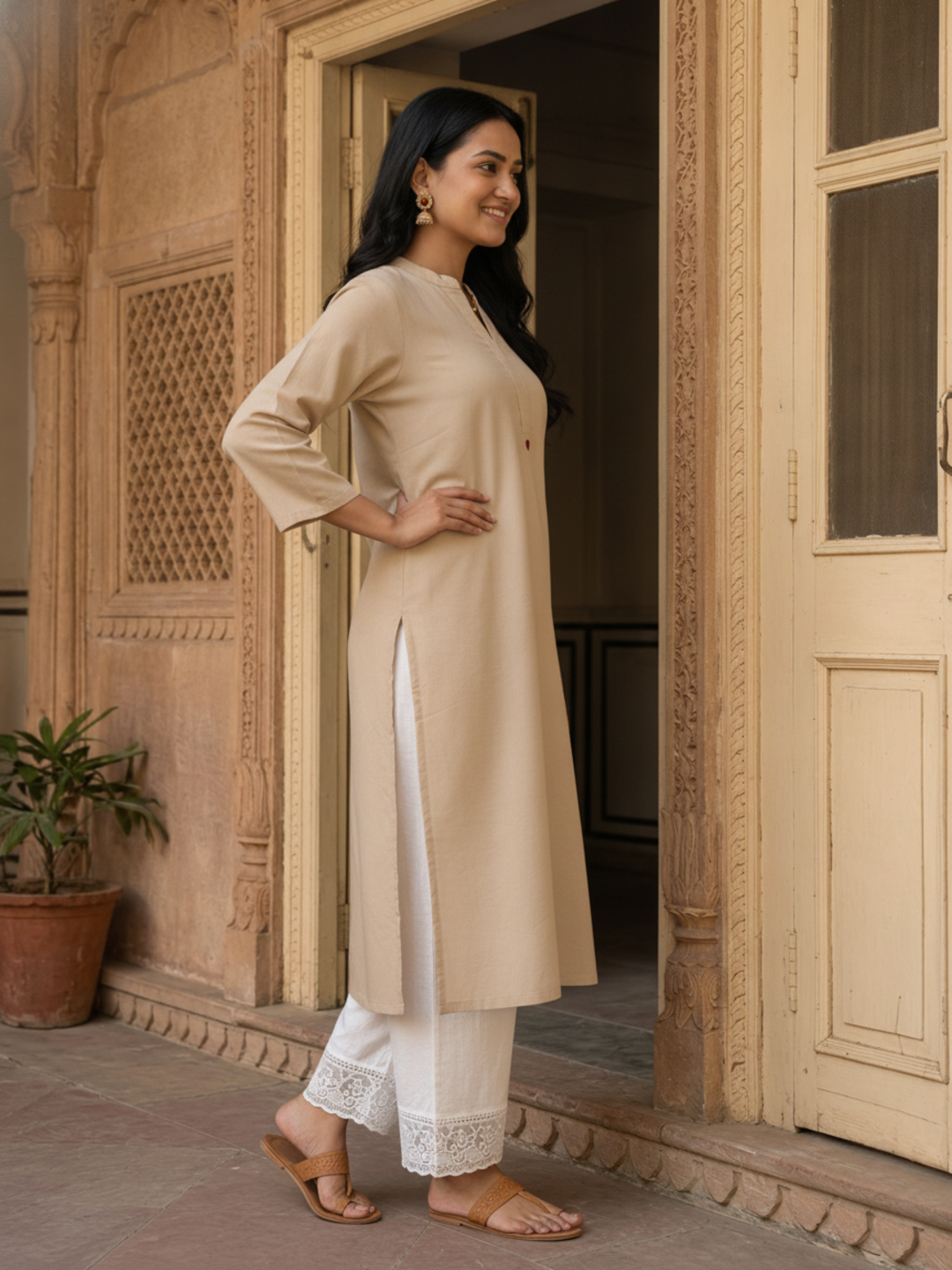 Beige Solid Cotton Straight Kurta Set with Mandarin Collar & White Palazzo