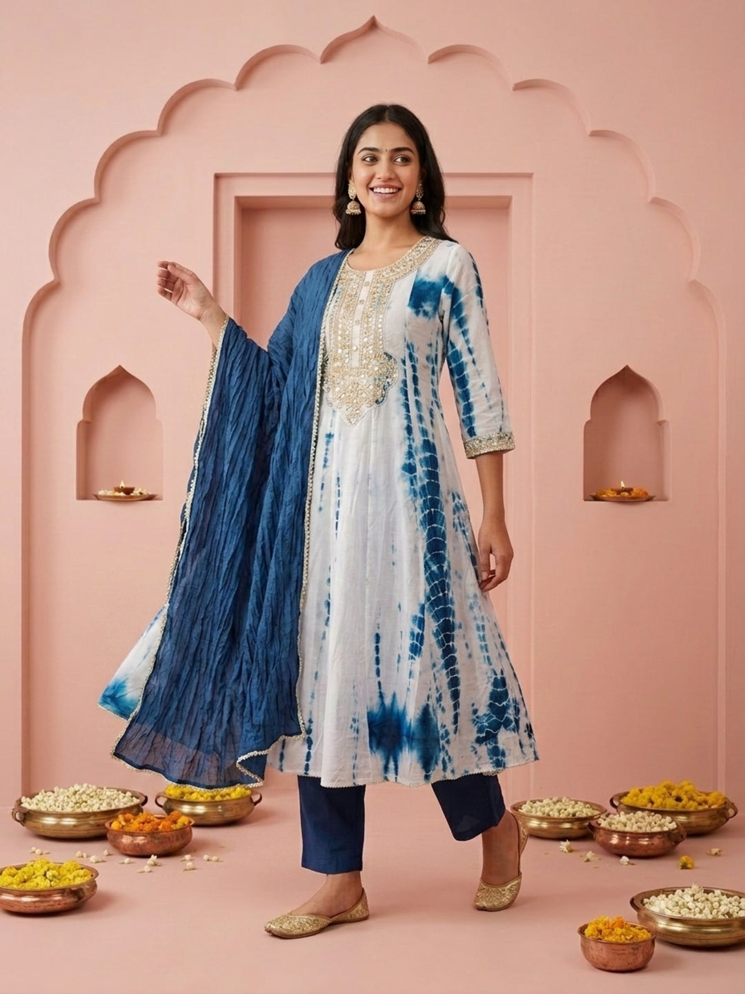 Indigo Blue Shibori Print Silk Straight Kurta Set with Gota Patti Work, Palazzo & Dupatta