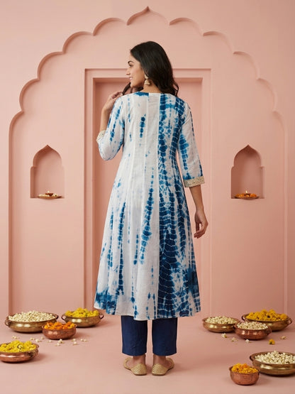 Indigo Blue Shibori Print Silk Straight Kurta Set with Gota Patti Work, Palazzo & Dupatta
