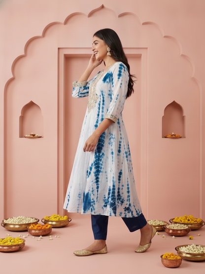 Indigo Blue Shibori Print Silk Straight Kurta Set with Gota Patti Work, Palazzo & Dupatta