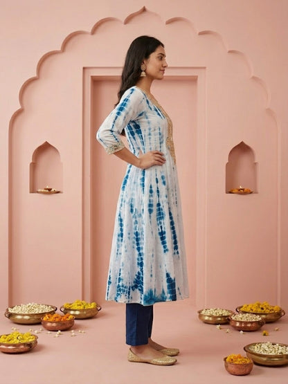 Indigo Blue Shibori Print Silk Straight Kurta Set with Gota Patti Work, Palazzo & Dupatta