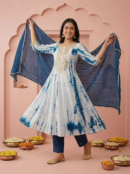 Indigo Blue Shibori Print Silk Straight Kurta Set with Gota Patti Work, Palazzo & Dupatta