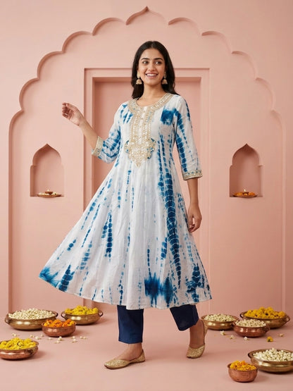 Indigo Blue Shibori Print Silk Straight Kurta Set with Gota Patti Work, Palazzo & Dupatta