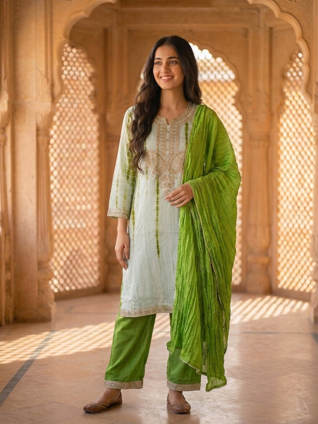 Pista Green Shibori Print Silk Straight Kurta Set with Gota Patti Work, Palazzo & Dupatta