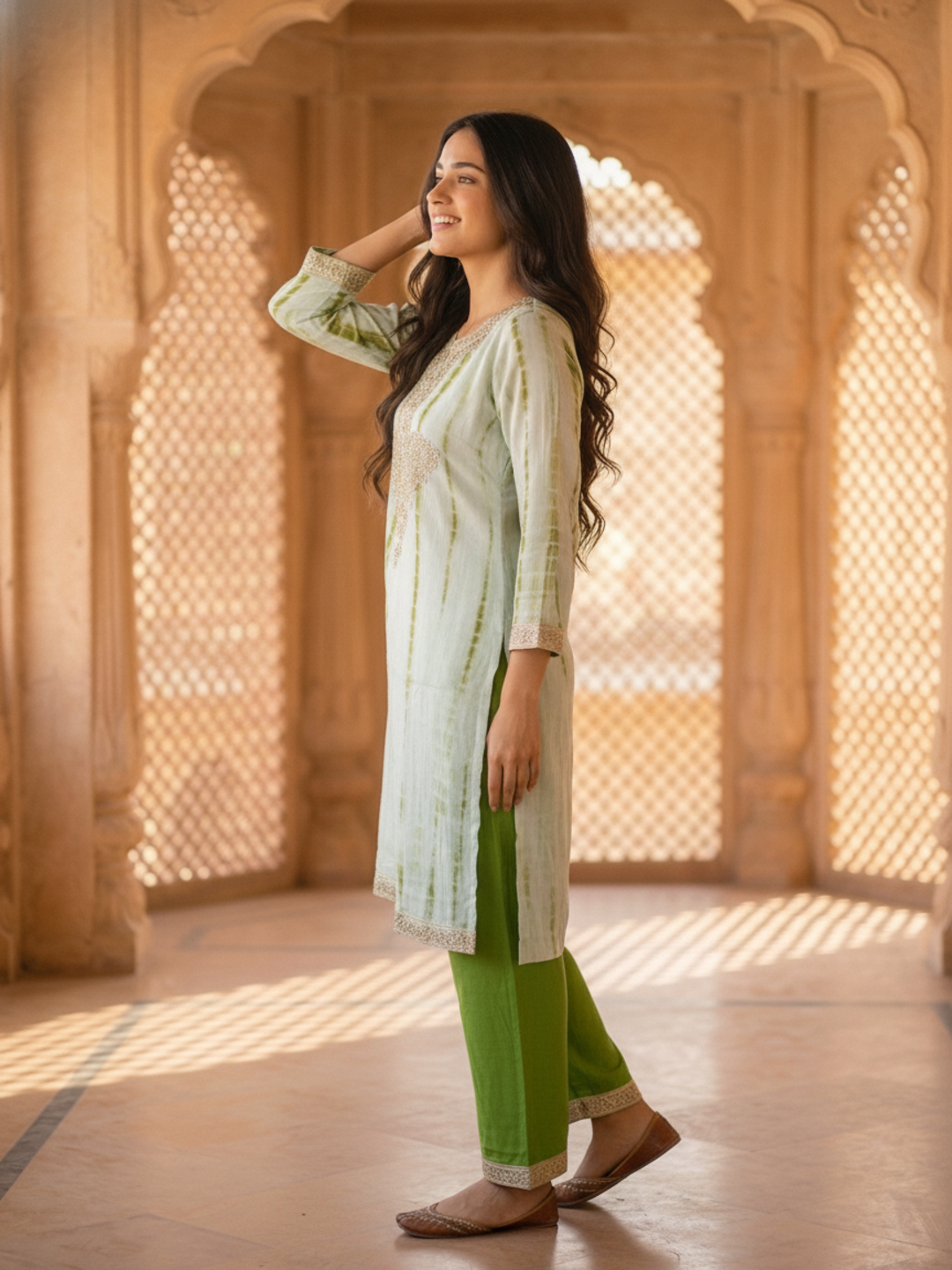 Pista Green Shibori Print Silk Straight Kurta Set with Gota Patti Work, Palazzo & Dupatta