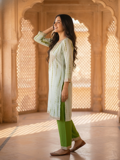 Pista Green Shibori Print Silk Straight Kurta Set with Gota Patti Work, Palazzo & Dupatta