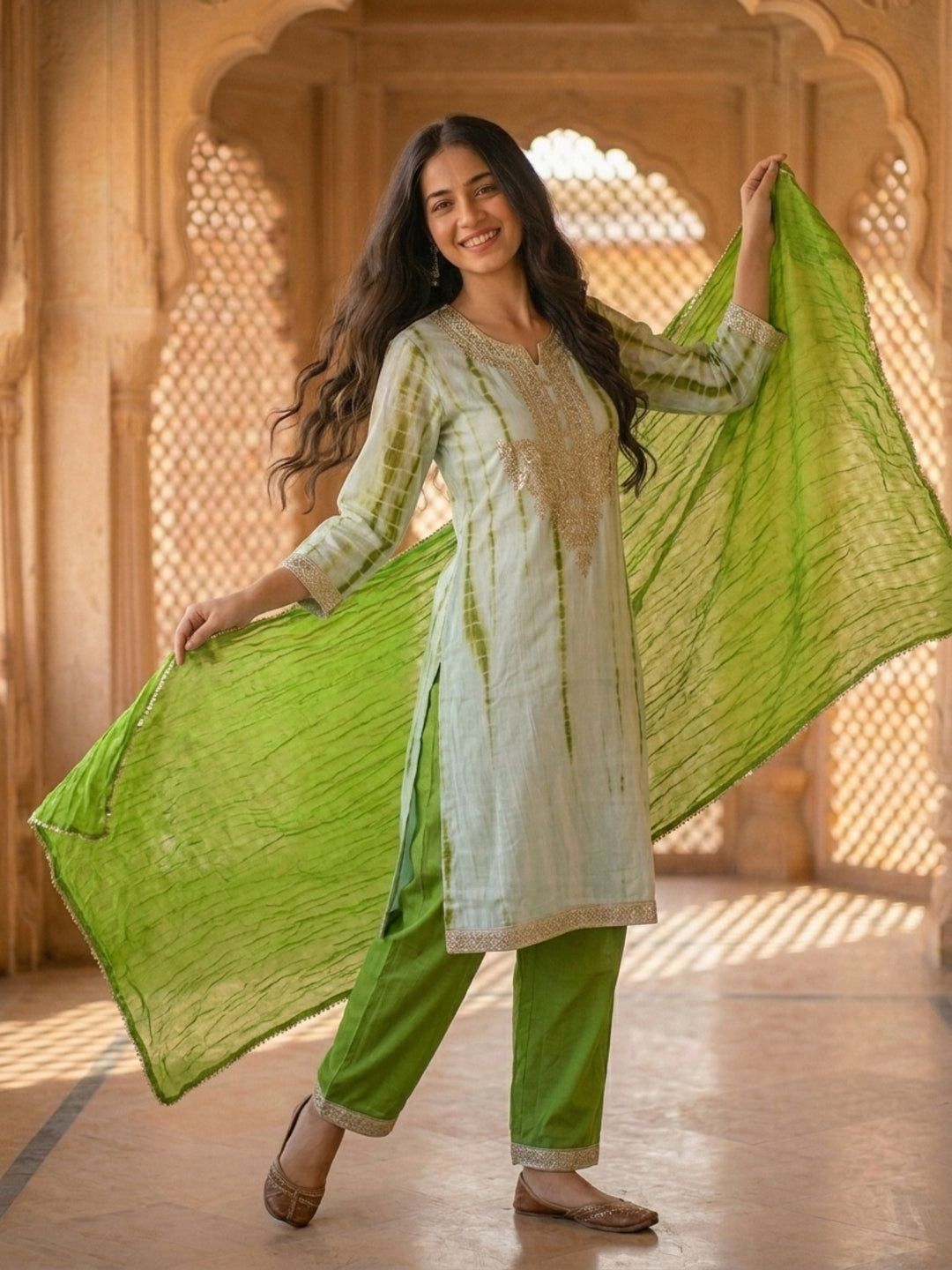 Pista Green Shibori Print Silk Straight Kurta Set with Gota Patti Work, Palazzo & Dupatta