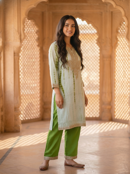 Pista Green Shibori Print Silk Straight Kurta Set with Gota Patti Work, Palazzo & Dupatta