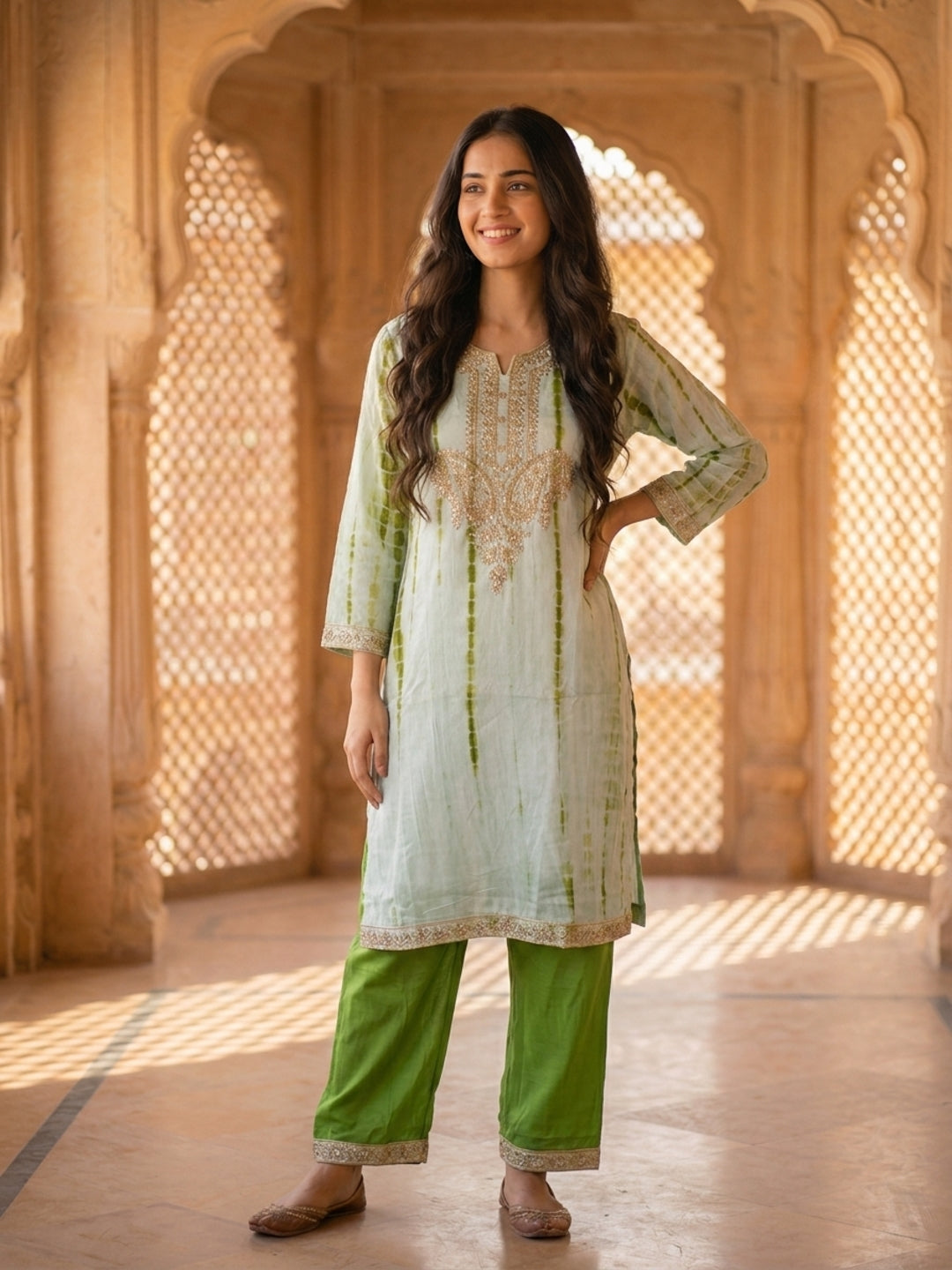 Pista Green Shibori Print Silk Straight Kurta Set with Gota Patti Work, Palazzo & Dupatta