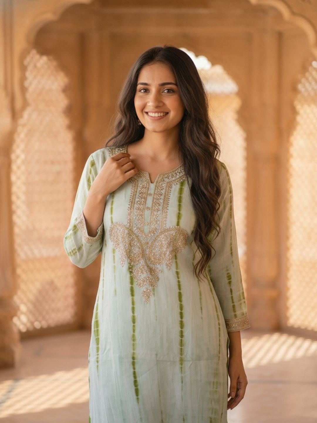 Pista Green Shibori Print Silk Straight Kurta Set with Gota Patti Work, Palazzo & Dupatta