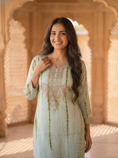 Pista Green Shibori Print Silk Straight Kurta Set with Gota Patti Work, Palazzo & Dupatta